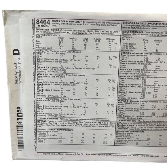 McCall's Sewing Pattern 8464 Misses' Top Pattern In Two Lengths Sizes 12-14 - Picture 2 of 2